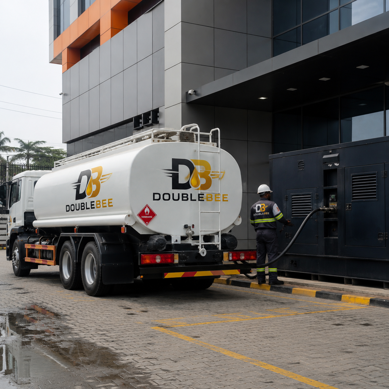 Fuel delivery truck supplying diesel to a commercial building in Lagos