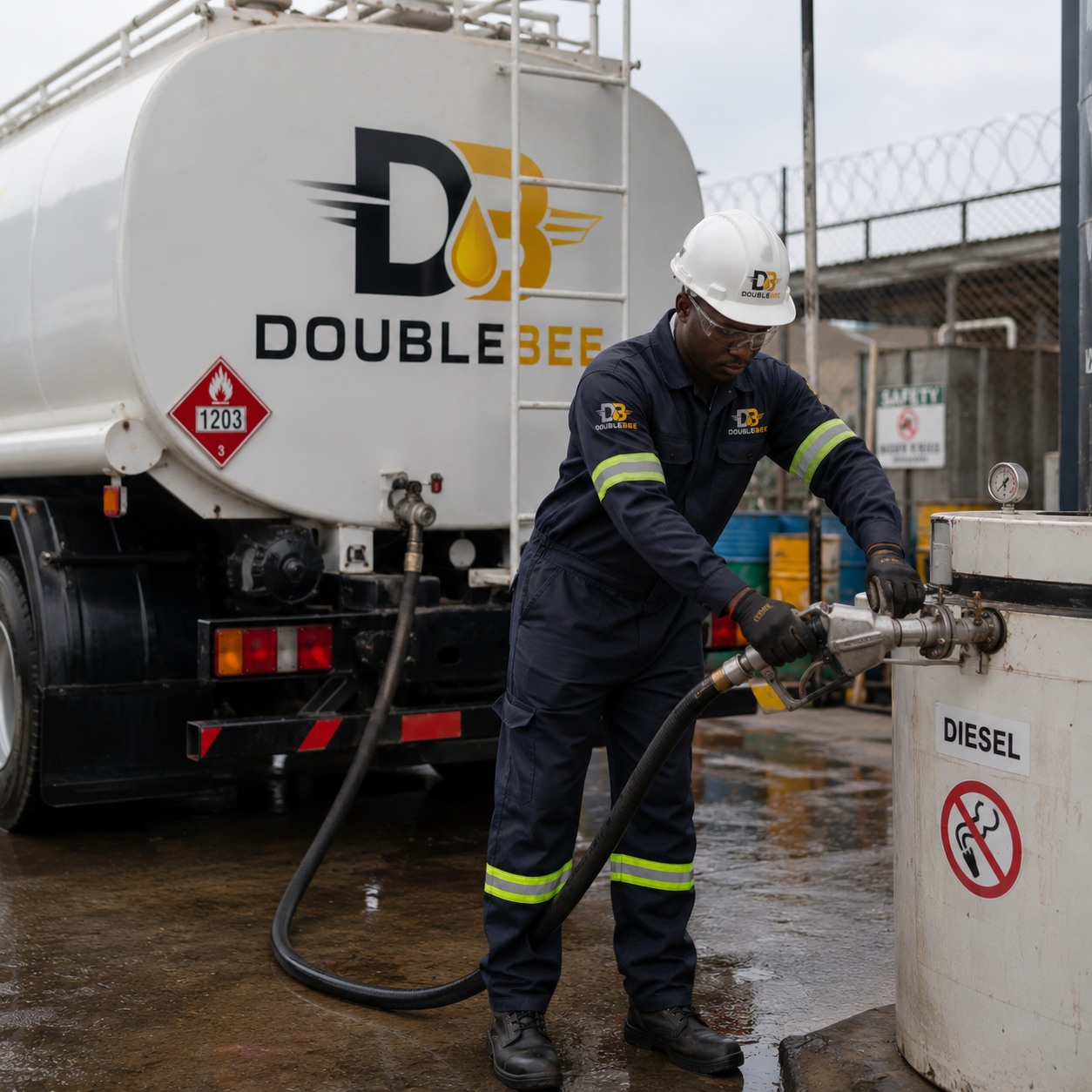 Staff in PPE dispensing fuel safely